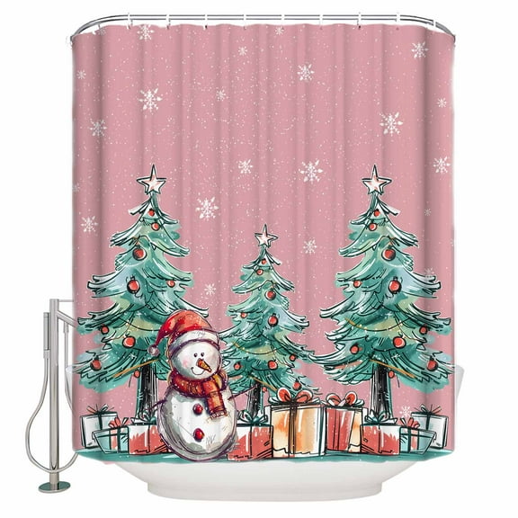 60x72 Inch Shower Curtains for Bathroom Pink Christmas Fabric Bath Curtain Decor Xmas Snowman Tree Snowflake Waterproof Restroom Curtains Shower Set Accessories with 12 Hooks 60 Inch