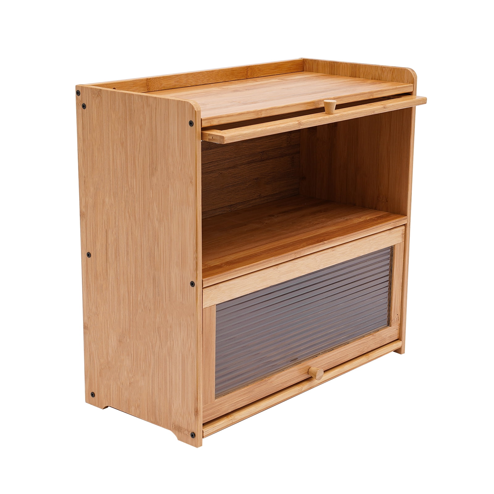 Countertop Storage Cabinet, Multipurpose Organizer Cabinet w/Glass Doors, Bamboo Kitchen Pantry Sideboard, Console Dining Cupboard (Primary Color, Lamps not Included, 20.5" D x 9.8" W x 19.7" H)