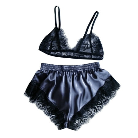 

EHTMSAK Women s Sexy Cami Crop Top Shorts Lace Nightwear Lingerie Loungewear Pj Set 2 Piece Sleepwear Pajamas Set Navy S
