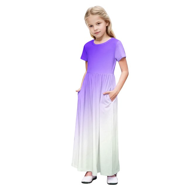 Liquidation d'Économies d'Été! WRKEKC Robe pour Filles, Robe Décontractée pour Filles, Robe Mignonne à Imprimé Scintillant à Manches Courtes Extensible avec Poches pour Tout-Petits et Filles, Robe Longue Évasée 13 Ans
