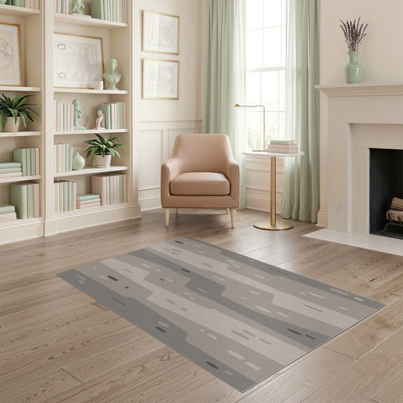 ODIKA 4'x6' Gray Beige Blue Abstract Stone Design Washable Area Rug Modern Geometric Inspired Pattern Stain Resistant, Low Pile, Easy Care for Dorm Room, Small Living