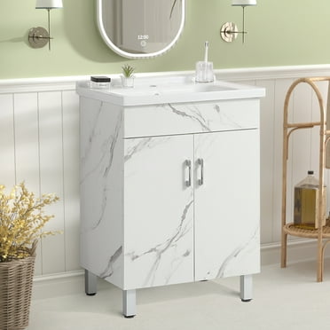 KYLE & KAY 24-inch Small Bathroom Vanity with Sink, Marble-textured Storage Vanity with 24 Inch, Bathroom Cabinet Combination with Ceramic Sink, White