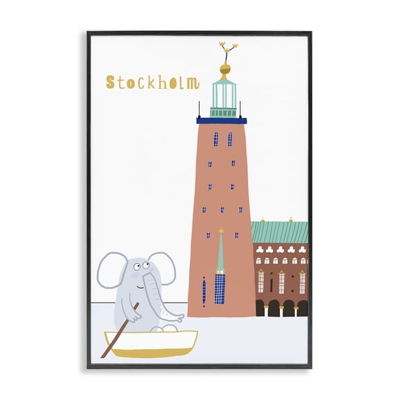 Elephant in Stockholm Boat Black Framed Giclee Art, design by Carla Daly