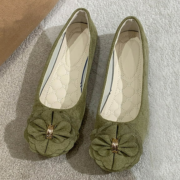 Army Green Women'S Flat Shoes Retro Square Toe Casual Style Low Cut Design Floral Embellishments Bow Accents Comfortable Upper Daily Shoes Size 36