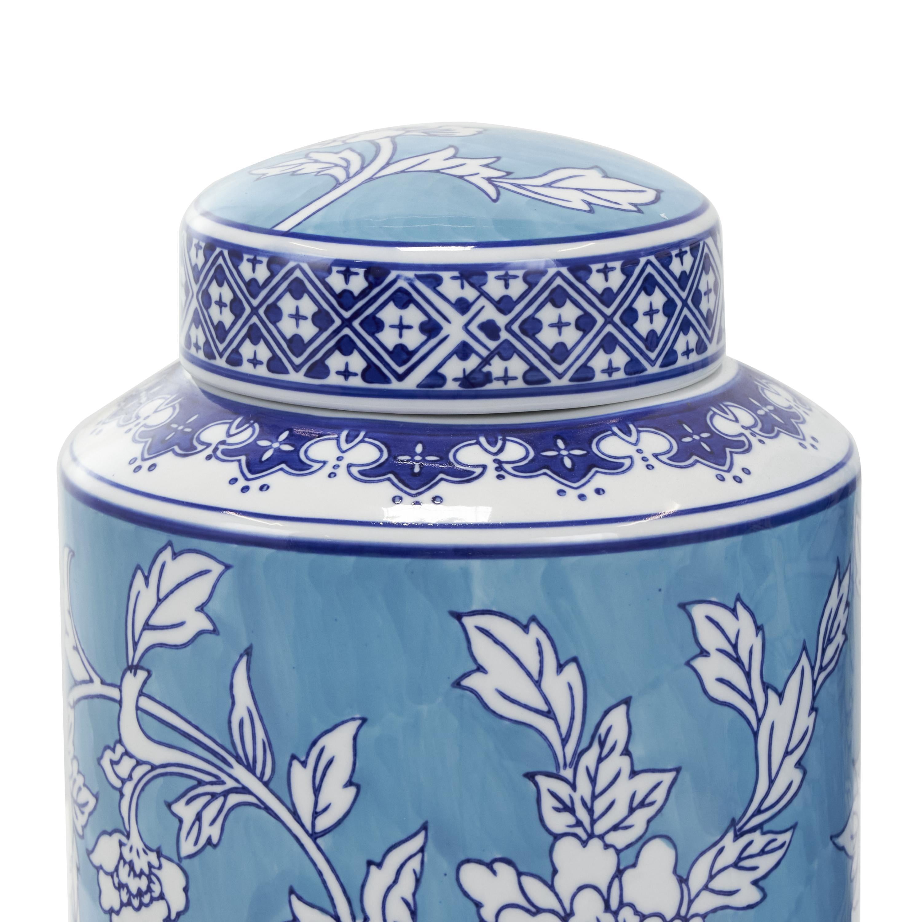 DecMode 12", 14"H Blue Ceramic Decorative Jars with White Floral Patterns, 2-Pieces