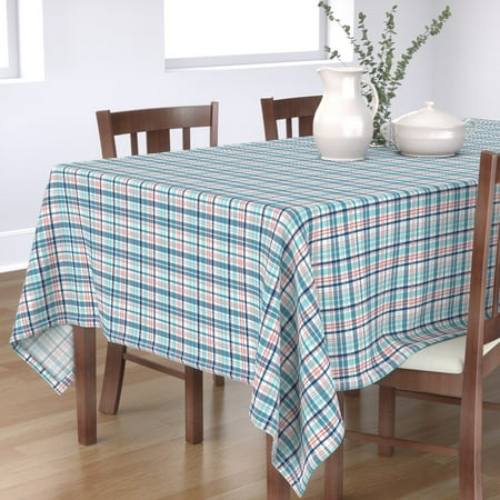 

Cotton Sateen Tablecloth 70 x 120 - Deck Plaid Nautical Blue Red Aqua Coastal Stripes Striped Print Custom Table Linens by Spoonflower