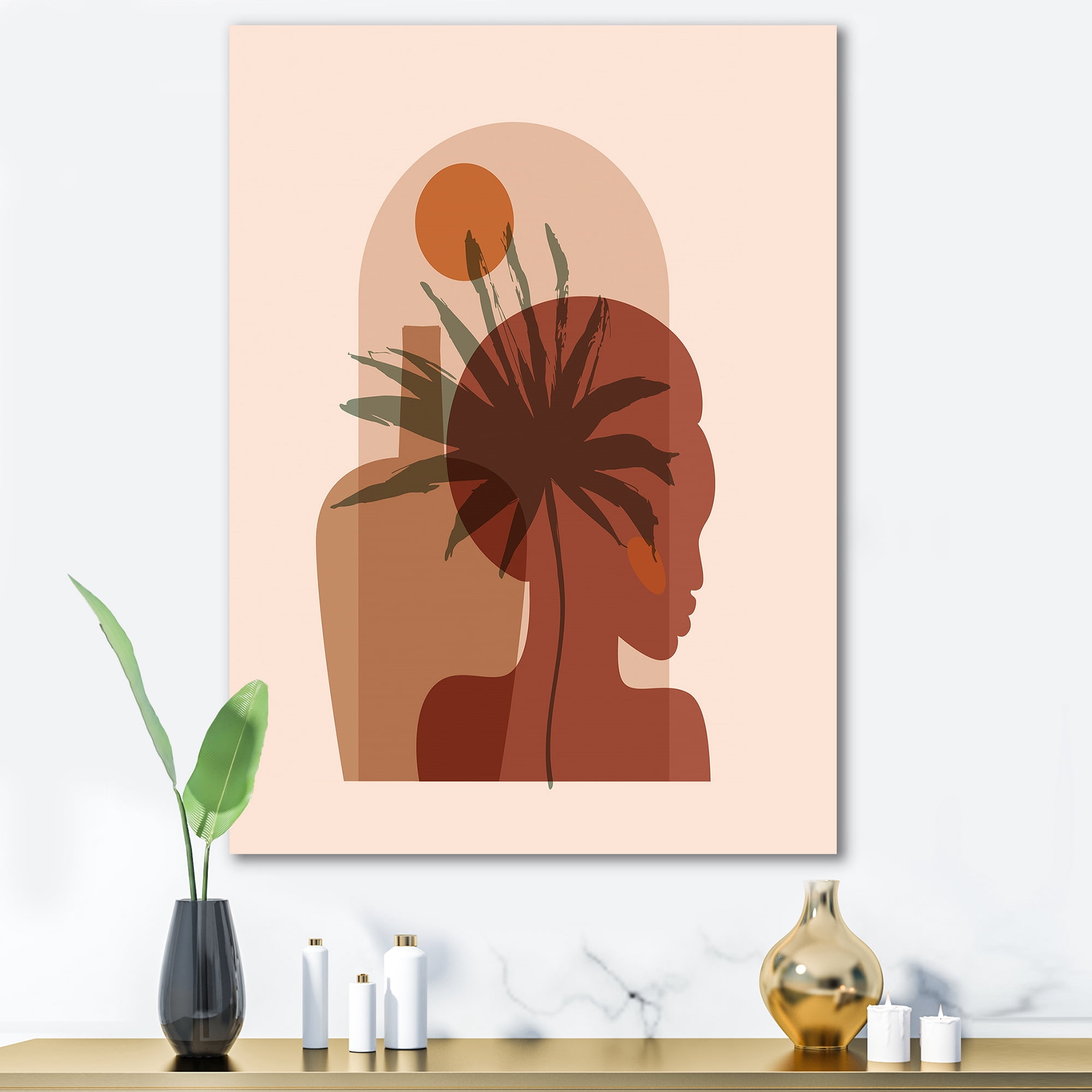 Abstract Pretty Girl Portrait and Tropical Palm Leaf 12 in x 8 in Painting Canvas Art Print, by Designart