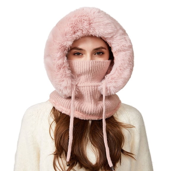 DJN Women's 3-in-1 Knit Hat Scarf Set Color Block Winter Neck Warmer Outdoor Windproof Cold Weather Hat Pink One Size