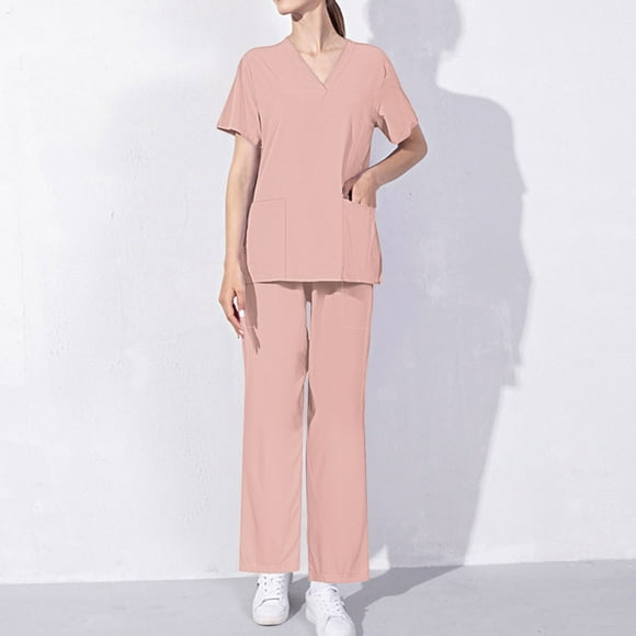Hanen Basic Scrub Set for Women - Slim V-Neck Scrub Top & Multi Pocket Skinny Cargo Scrub Pants