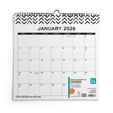 Pen+Gear Monthly Spiral Calendar (12"x12") Black Lines 12 Mo Jan 2026-Dec 2026