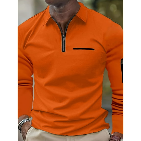 Mens Long Sleeve Polo Shirts Solid Color Casual Vintage Classic Golf Shirt With Pocket