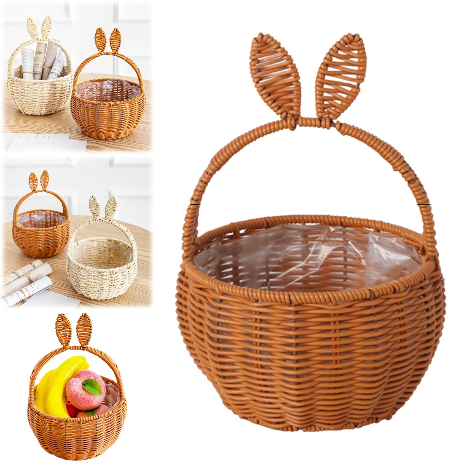 Woven Easter Basket with Handle, Bunny Easter Baskets, Easter Egg Hunt Carrier Baskets, Easter Woven Picnic Basket with Cute Rabbit Ears, Small Gift Wicker Wicker Storage Basket, Party Supplies