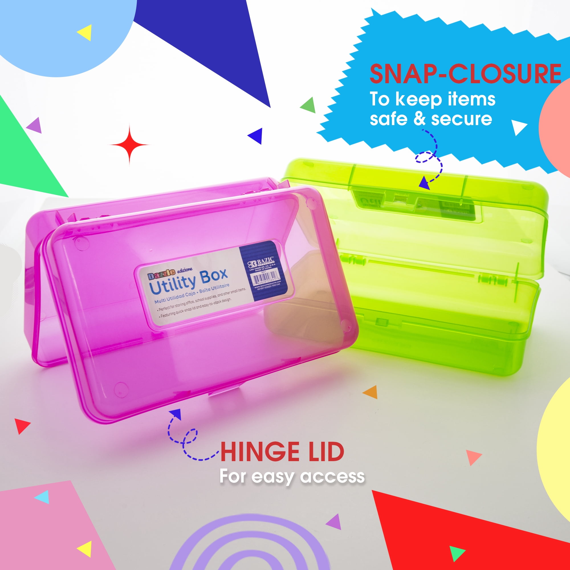 BAZIC Plastic Pencil Case Utility Storage Box, Bright Color, 4-Pack