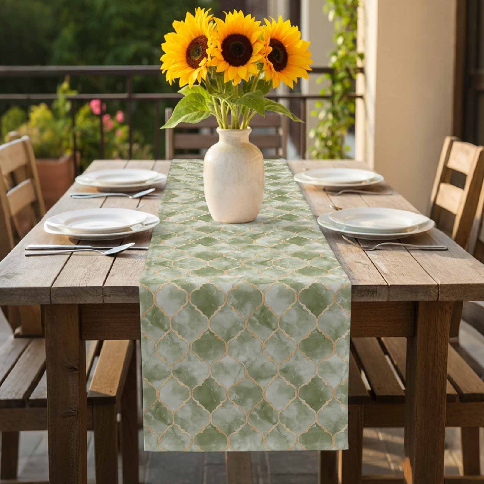 Sage Green Morocco Table Runner 13x108 inch Abstract Marble Solid Color Gold Cotton Linen Dining Table Runner Ideal for Dresser Kitchen Coffee Tables - Machine Washable