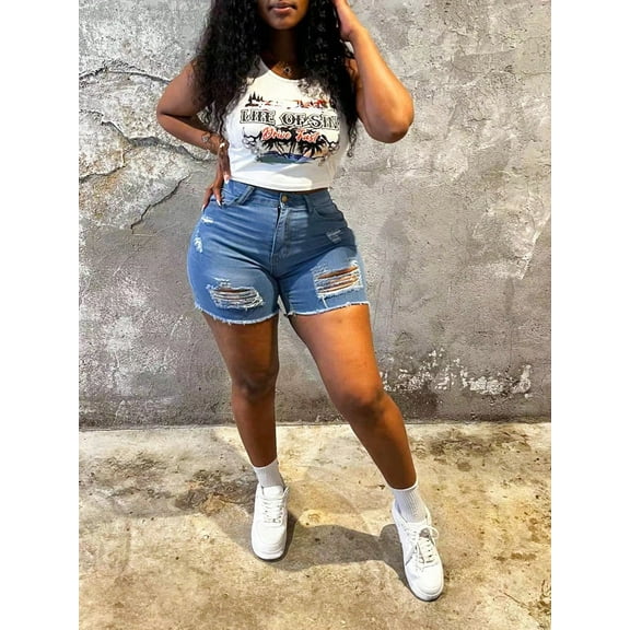 Women's Distressed Denim Shorts Curve Hugging Frayed Hem Summer Jeans