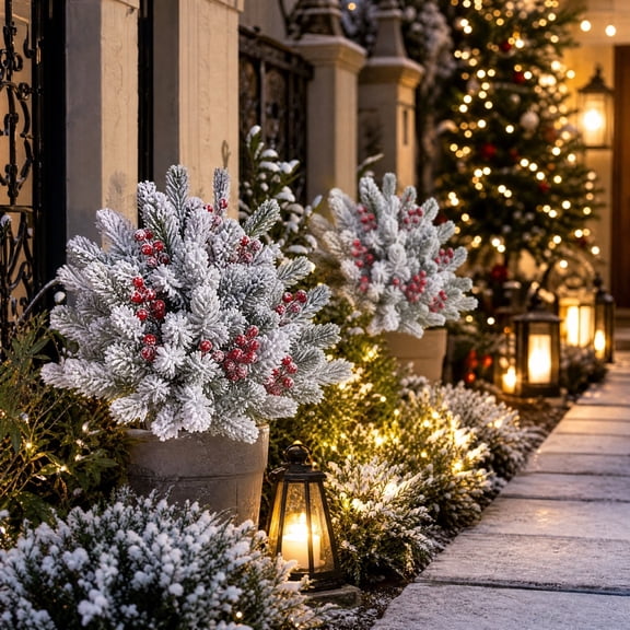 Christmas Artificial Snow Covered Green Plants Garden Decor 56cm, Frosted Pine Needle Potted Plant with Planter, Indoor Outdoor Winter Holiday Home Festive Ambiance Decoration