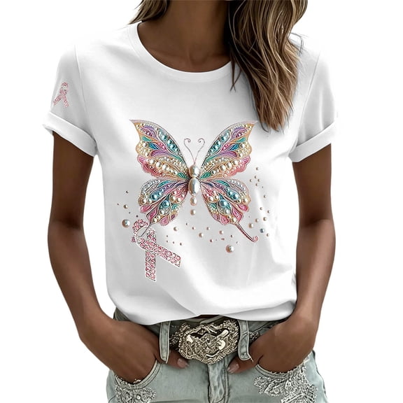 Puliio Womens Butterfly Ribbon Print T Shirt Short Sleeve Casual Awareness Summer Daily Tee