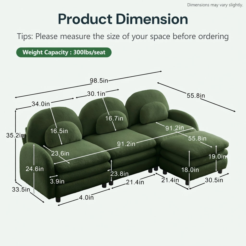 Hommoo Teddy Fleece 3-Seat Modular Sofa Set with Curved Backrest, Movable Ottoman & Lumbar Pillows, Cloud-Like Comfort Couch, Green