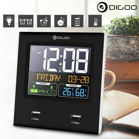 Digoo LED Digital Weather Station Temperature Humidity Alarm Clock Time Calendar Snooze LED Backlight with 2 USB Charging