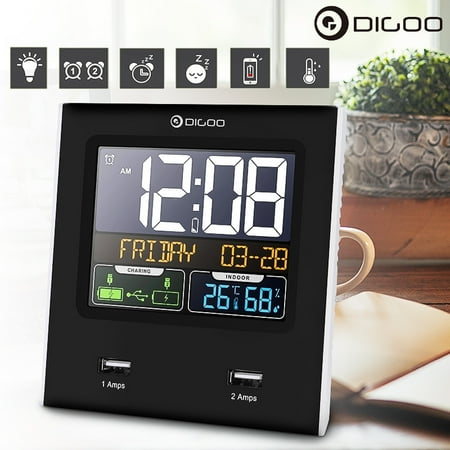 Digoo LED Digital Weather Station Temperature Humidity Alarm Clock Time Calendar Snooze LED Backlight with 2 USB Charging (Best Ipod Alarm Clock Docking Station)