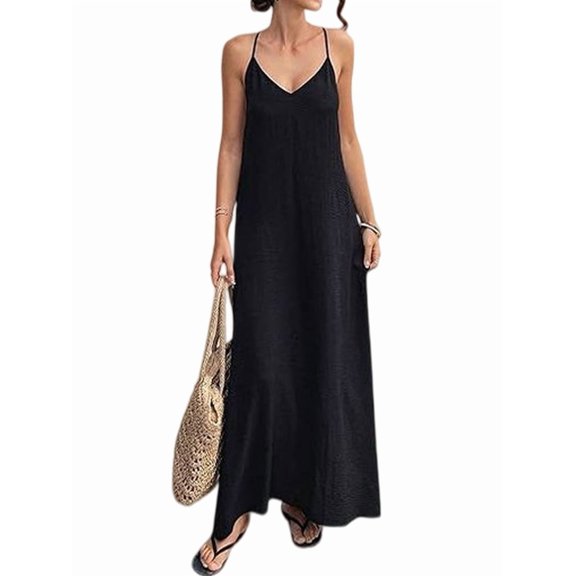 Women's Sleeveless Pockets Maxi Strappy Neck Flowy Loose Long Sundress Dress for Casual Beach Black S