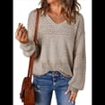 thumbnail image 1 of Suéteres de Punto para Mujer, Otoño, Cuello en V, Larga, Suéter Informal Holgado. Caqui S, 1 of 8