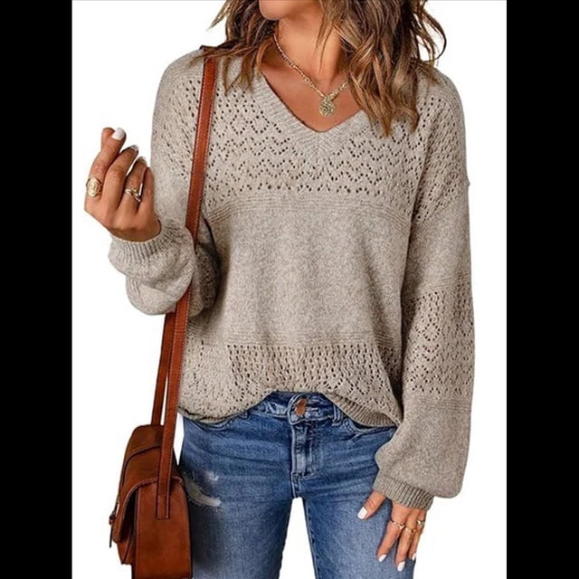 Suéteres de Punto para Mujer, Otoño, Cuello en V, Larga, Suéter Informal Holgado. Caqui S
