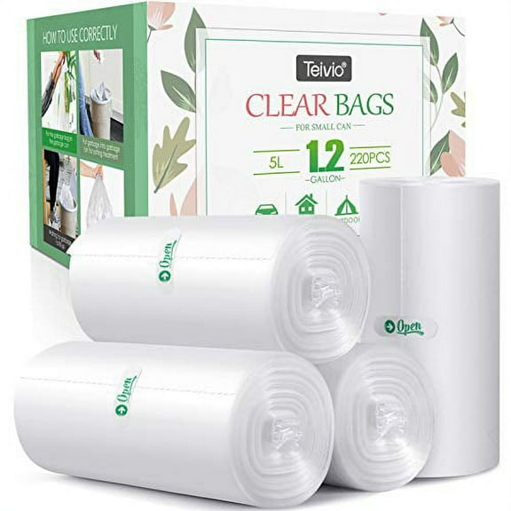 1.2 Gallon 220 Counts Strong Trash Bags Garbage Bags, Bathroom Trash Can Bin Liners, Small Plastic Bags for home office kitchen, fit 5-6 Liter, 0.8-1.6 and 1-1.5 Gal, Clear