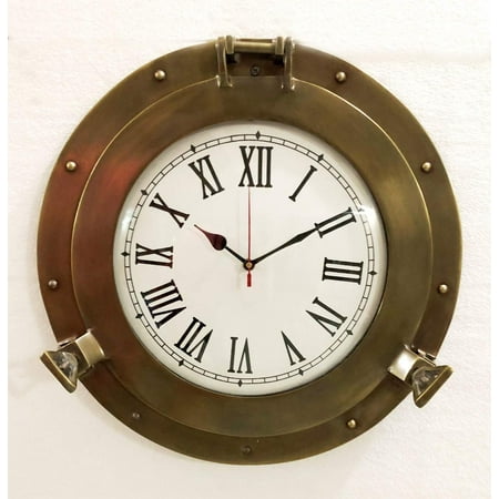 Vintage Navigation Marine Brass Ship Porthole Clock 15'' Ship Window Wall Clock (15 Inches (Diameter)