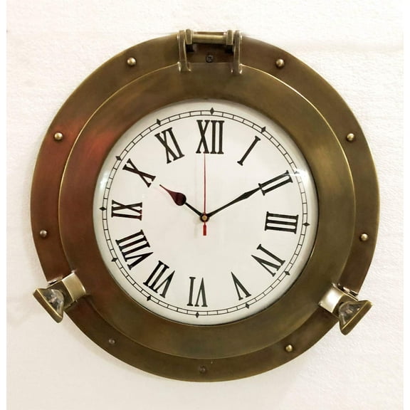 Vintage Navigation Marine Brass Ship Porthole Clock 15'' Ship Window Wall Clock (15 Inches (Diameter)