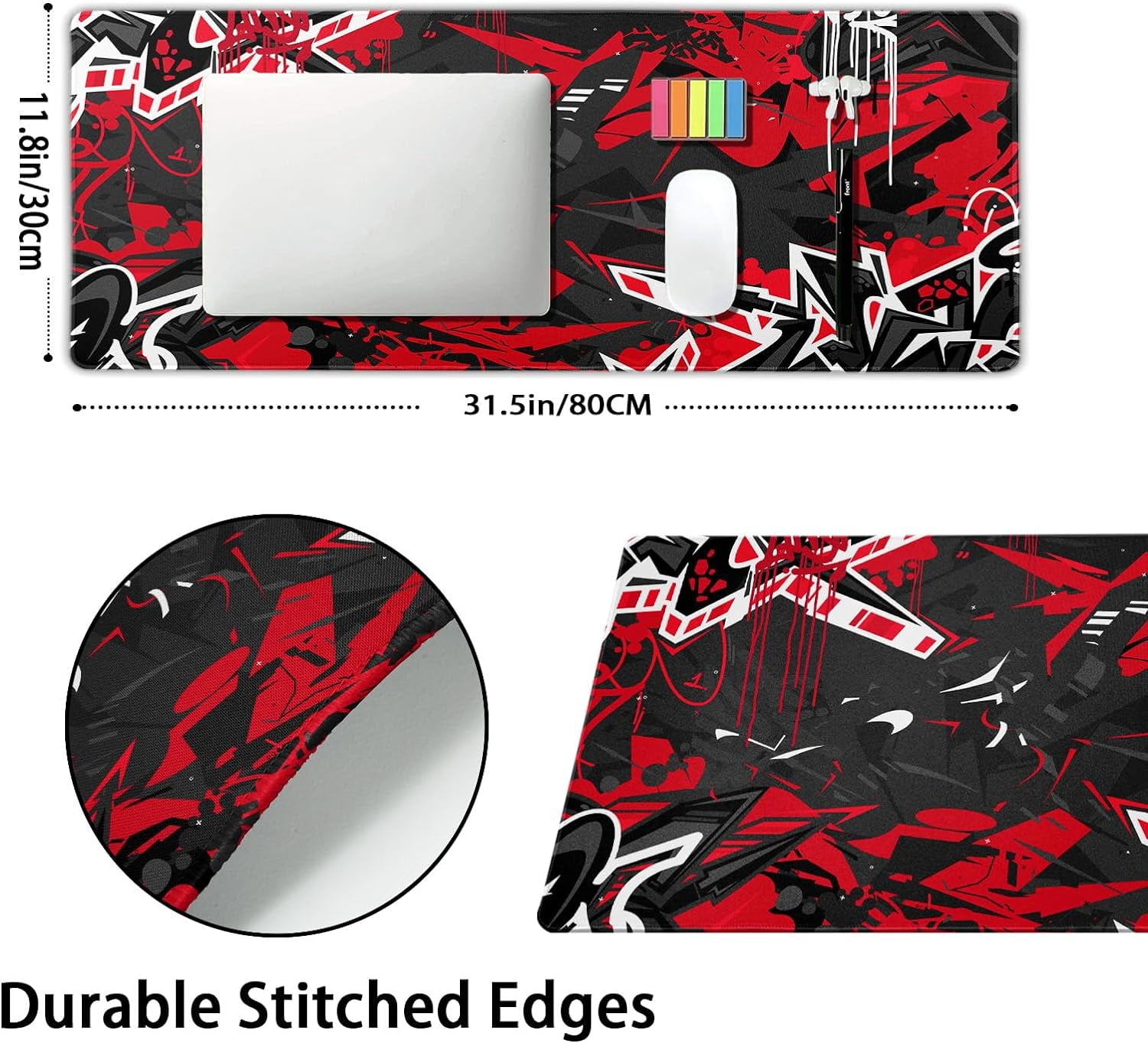 Black Red Gaming Mouse Pad XL Abstract Graffiti Geometric Cool Extended Big Large Desk Mat Non-Slip Rubber Base Stitched Edge Long Keyboard Mousepad for PC Computer Laptop,31.5×11.8 in