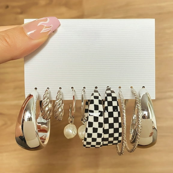 Hyasfey 5 Pairs Drop Earrings Geometric Black White Checkerboard Butterflies Faux Pearl Love Heart Women Hoop Earrings Fashion Jewelry