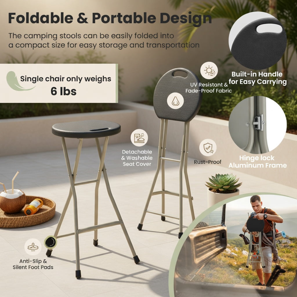 Hommoo 28" Portable Folding Stool, Heavy-Duty Steel Frame, Compact Foldable Design for Camping, Picnics, Fishing & Indoor Use, Black