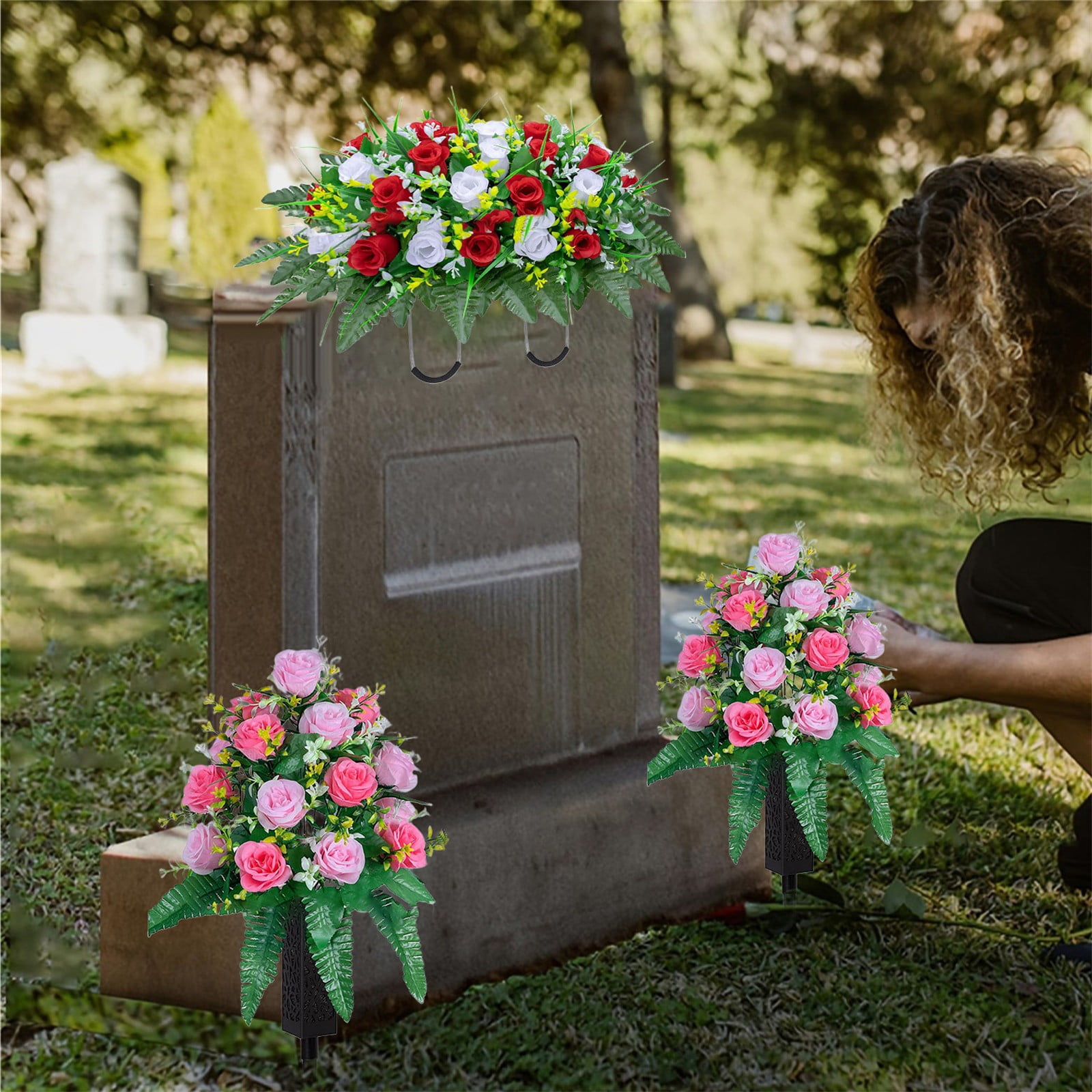 Artificial Cemetery Rose Bouquet with Long Nail Vase Stand, 19.6" Tall Fade-Proof Memorial Flowers, Faux Cloth Roses with Foam Insert, Sturdy Spike for Cemetery & Gravesite Use, By Harlik