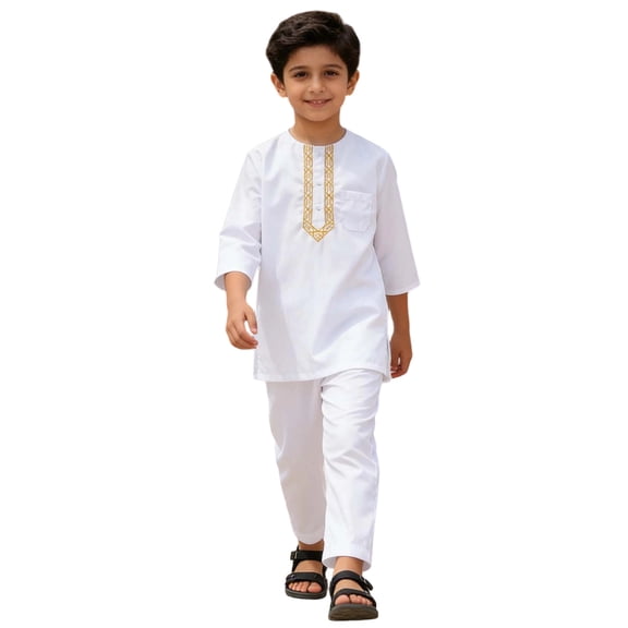 JAJAHO Boys 2 Piece Sets Abaya Outfits 3/4 Sleeve Ethnic Style Embroidery T Shirts Loose Fit Straight Leg Pants Set Boy Traditional Clothes 3-12 Years Comfortable Outfit