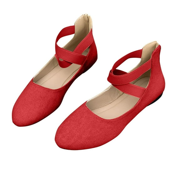 Ladys Single Shoes Suede Surface Elastic Ankle Strap Soft Sole Pointy Toe Flats Bottom Ballet Rear Ankle Zipper Shoes New Large Size Shallow Mouth Elastic Flat Shoes Red