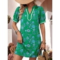 thumbnail image 2 of Summer Dresses for Women Boho Floral Puff Short Sleeve V Neck Trim Casual Mini Dress Sundress Deep Green L, 2 of 9