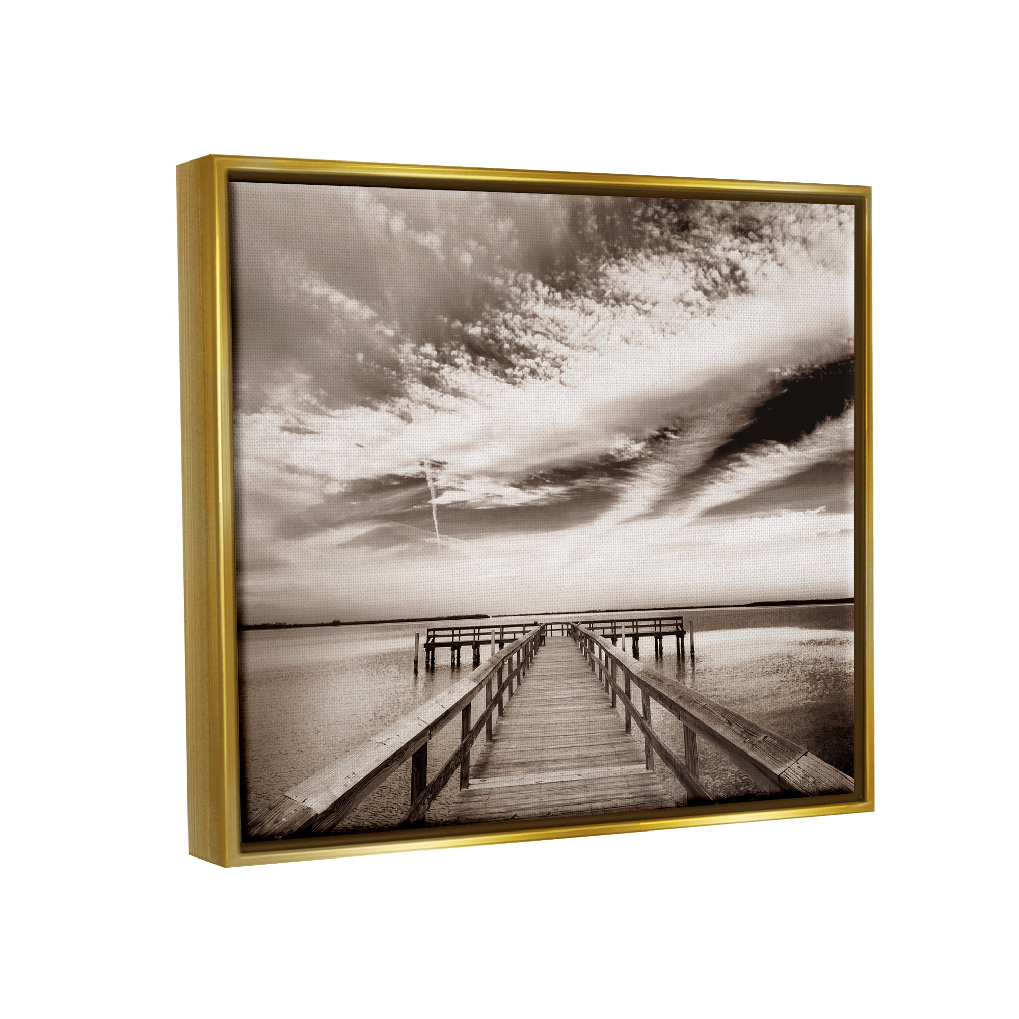 Stupell Industries Dock with Cloudy Sky Landscape Photography Gold Floater Framed Canvas Art Print Wall Art, 21 x 17