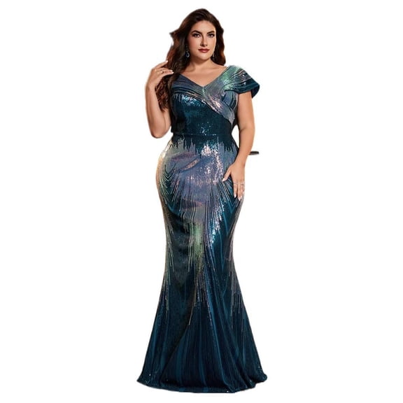 AURA Plus Size Evening Dress V Neck Cape Sleeve Party Teal Blue 0XL-4XL