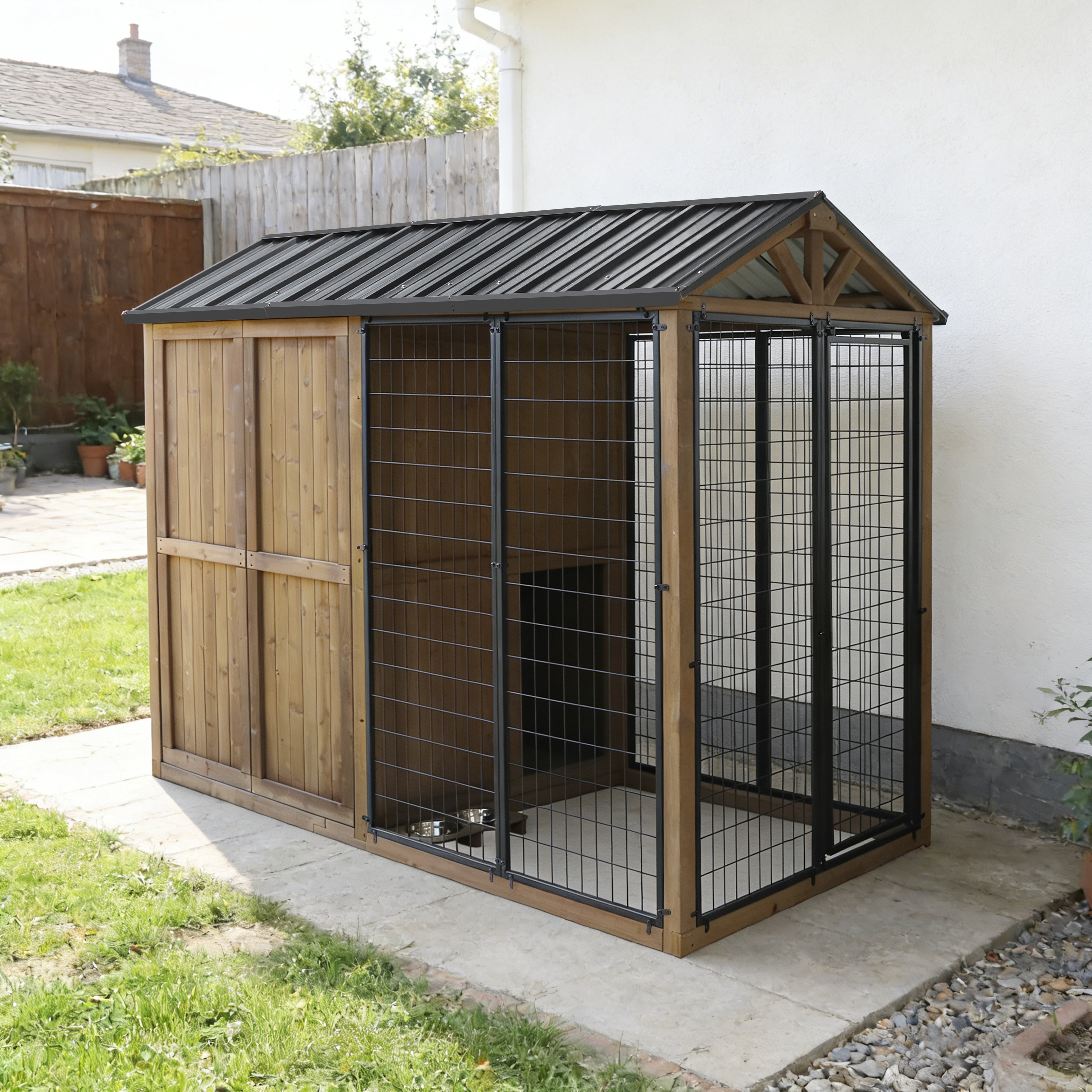 VEIKOUS 8' x 4' Large Outdoor Dog Kennel, Walk-in Partition Design Dog House with Double Doors & Observation Window, Pet Shelter with Waterproof Roof, Stainless Steel Bowls for Large Breeds