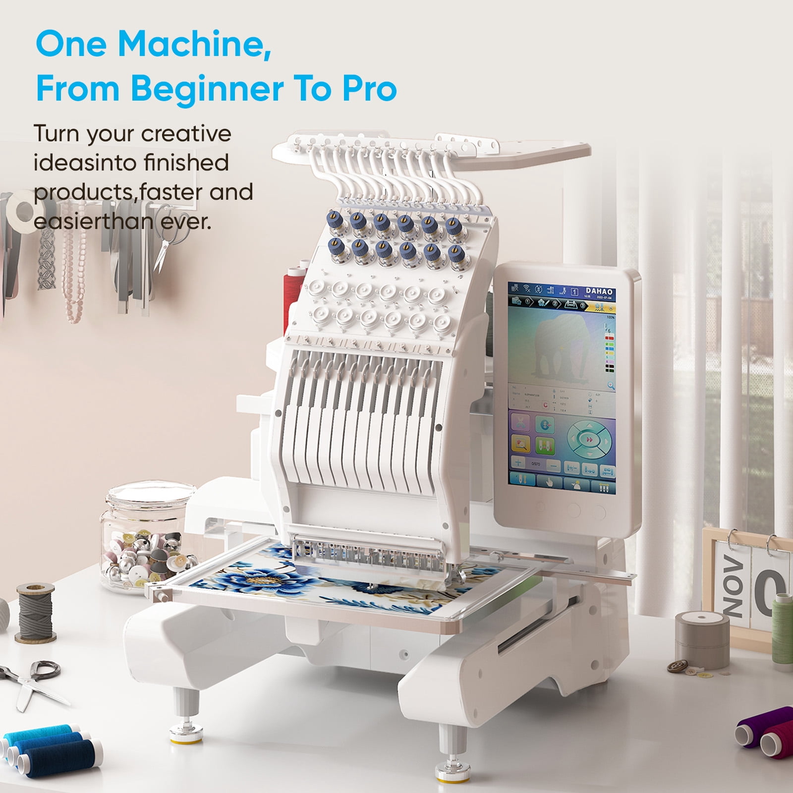 TABU Embroidery Machine with 12 Needles, 1000SPM Max Speed, Touch Screen, 8"x12" Large Embroidery Area, for Flat, Hat, T-shirt and more