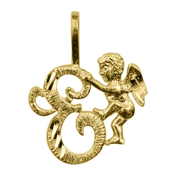 Precious Stars 14K Yellow Gold Cherub and Cursive Initial Letter 'E' Pendant - No Chain, Pendant Only