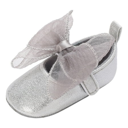 

QIANGONG Toddler Shoes Summer Toddler Shoes Girls Sports Flat Bottom Round Toe Ribbon Bow Hook Loop Dance Shoes (Color: Silver Size: 3 )