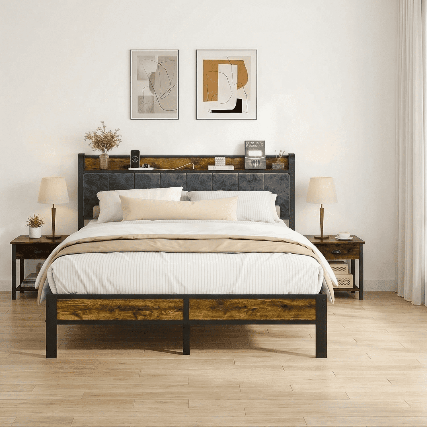 OLEVS Queen Bed Frame with Headboard, LED Lighting, Charging Station, No Box Spring Required