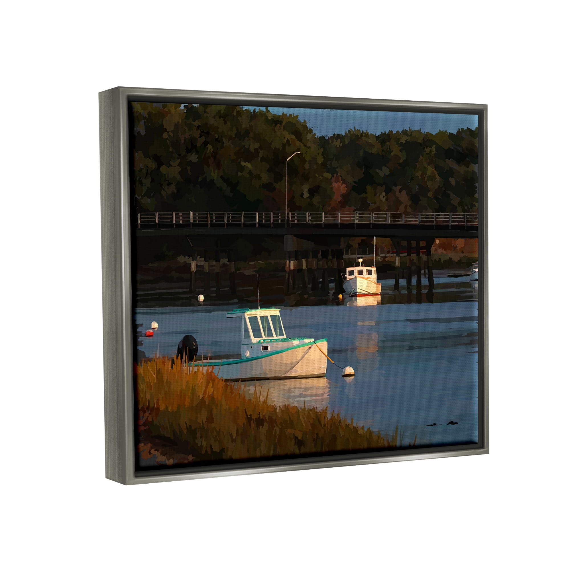 Stupell Industries Boats Under Bridge River Scenery Coastal Photography Gray Floater Framed Art Print Wall Art