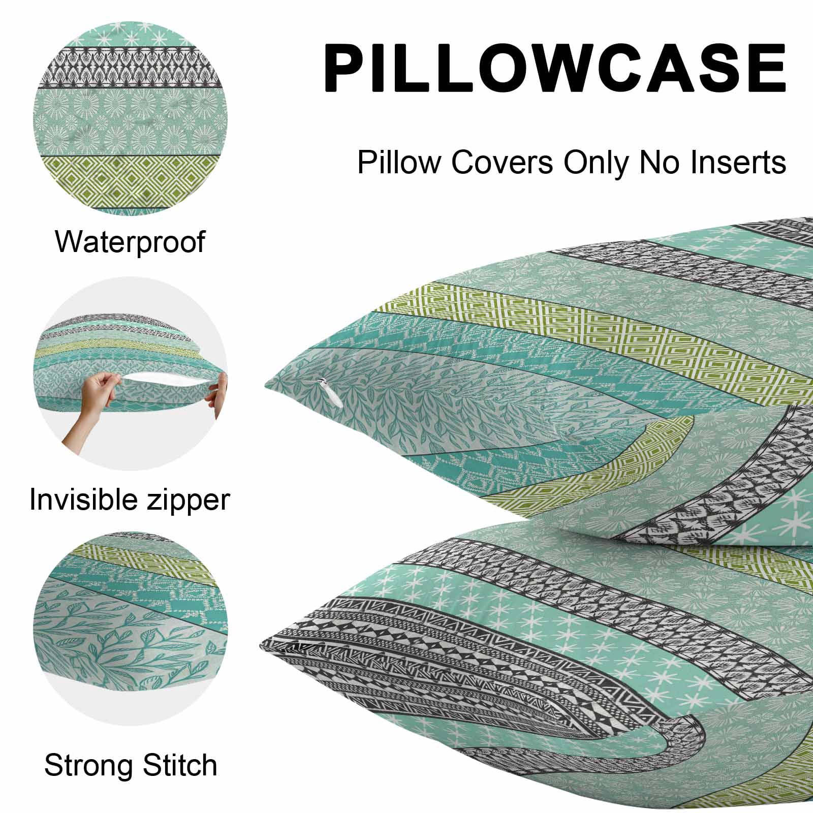 Outdoor Waterproof Throw Pillow Covers Set of 2 Teal Bohemian Decorative Pillowcases Square Pillows Cushion Case 16x16 Inch Boho Style Floral Leaves Geometric Patio Pillows for Couch Sofa Bed