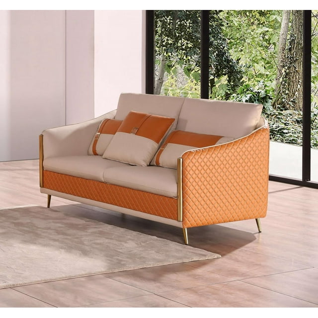 Italian Leather Off White & Orange Loveseat ICARO EUROPEAN FURNITURE Modern