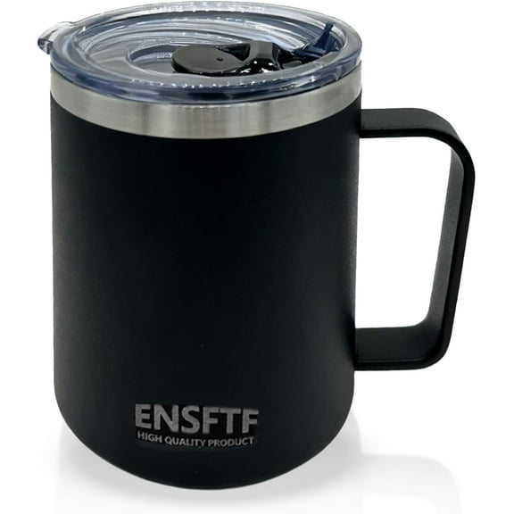 13 oz Coffee Mug with Lid - Leak Proof Travel Tumbler, 6-Hour Double Wall Vacuum Insulated Thermal Cup for Hot & Iced Coffee, Camping & Dishwasher Safe 18/8 Stainless Steel (Black)