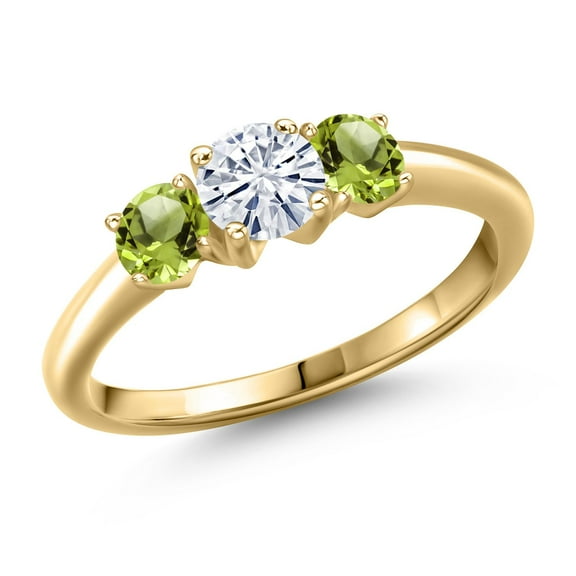 Gem Stone King 10K Yellow Gold White Moissanite and Green Peridot Engagement Ring for Women | 1.10 Cttw | Round 5MM | Gemstone Birthstone | Size 9