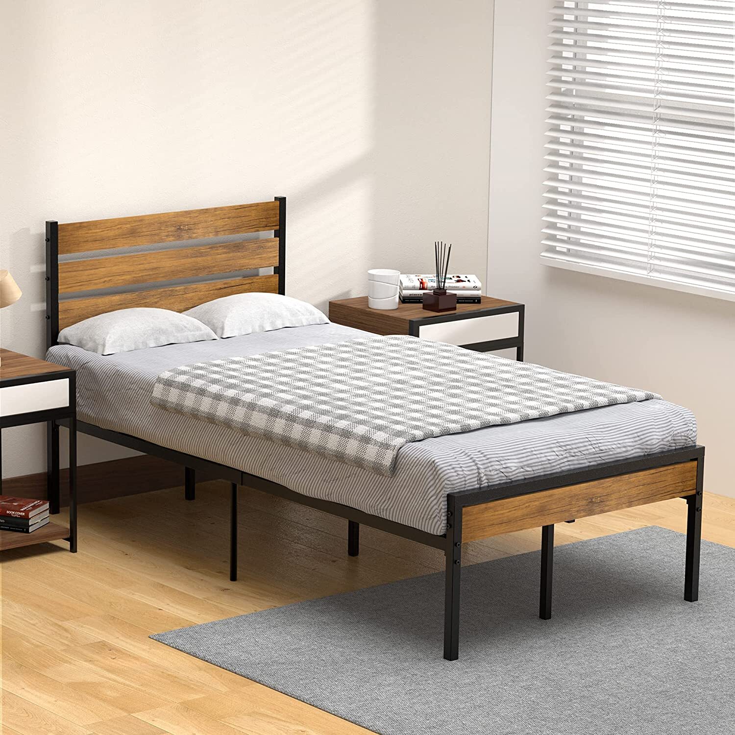 Twin Bed Frame with Wood Headboard and Metal Slats Support Platform Bed